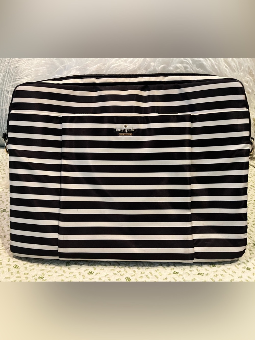 kate spade Black and White Striped Nylon Laptop Tote Bag with Detachable Strap